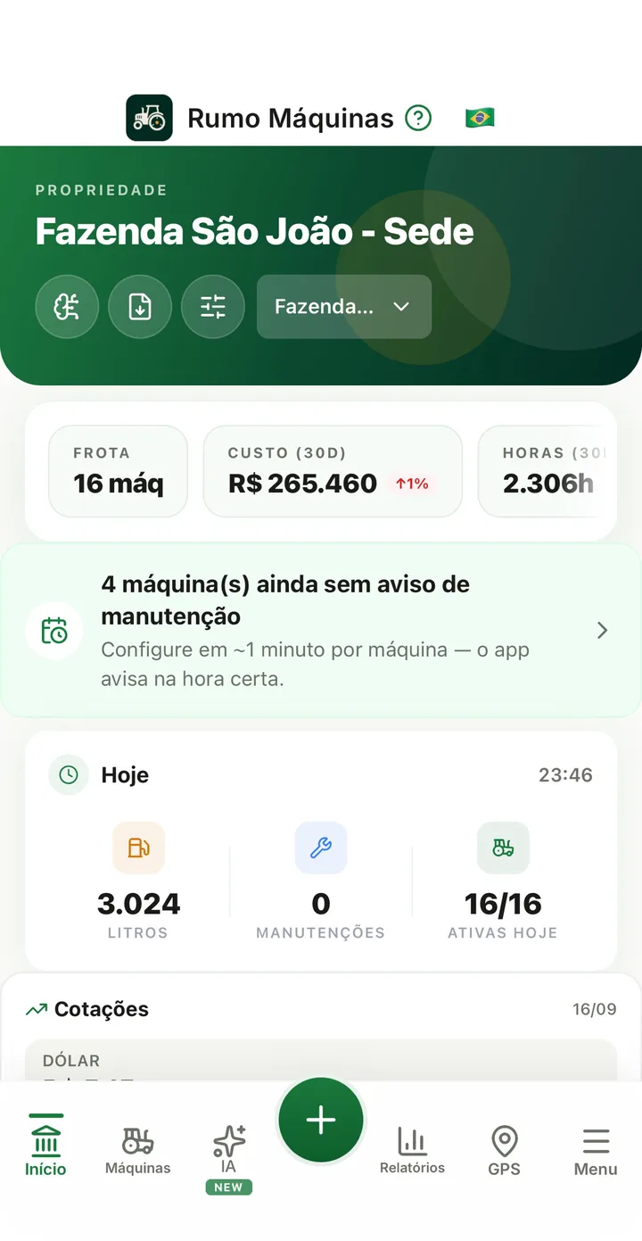 Tela inicial do Rumo Máquinas com frota, custo e horas da fazenda