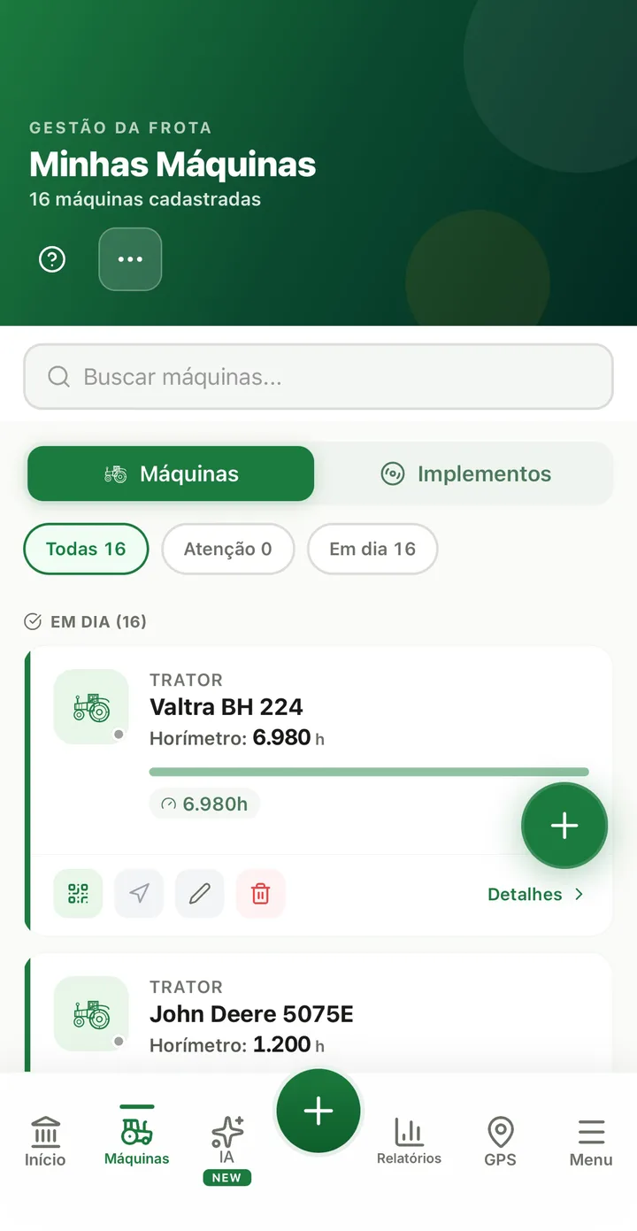 Lista de máquinas com horímetro